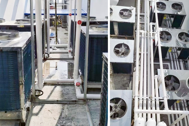 江苏工厂采用空气能热泵,为员工提供稳定舒适的热水服务